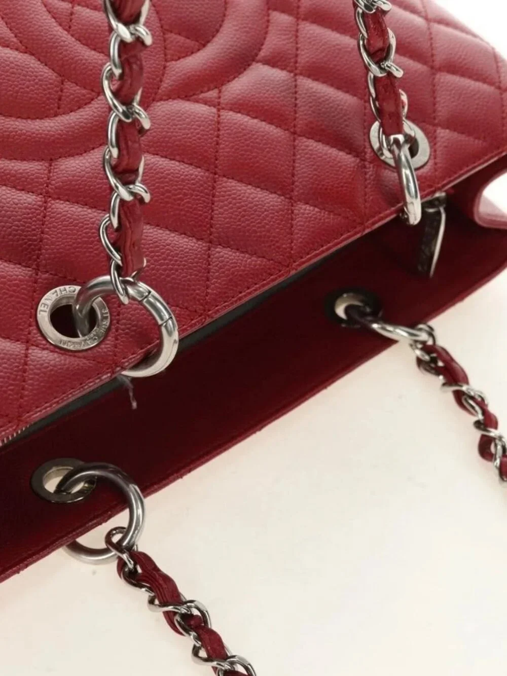 CHANEL GST Matelasse Chain Tote Bag Grained Calf Skin Red Silver CC Auth ep1...